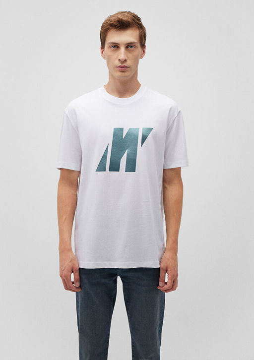 M Logo Bask?l? Beyaz Tisort