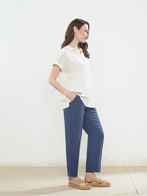 G?mlek Yaka Keten Kar???ml? Kad?n Bluz