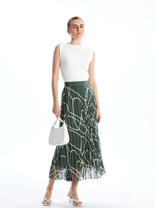 Beli Lastikli Desenli ?ifon Kad?n Pileli Etek