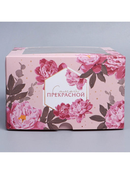 Цена за 5 шт. Коробка подарочная для 4 капкейков «Цветы», 16×16×10 см, с окном