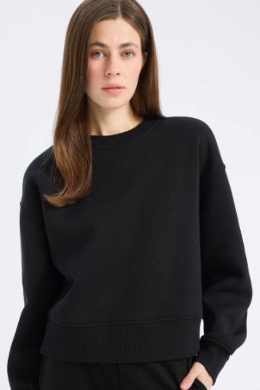 Boxy Fit Bisiklet Yaka Basic Duz Kal?n Sweatshirt