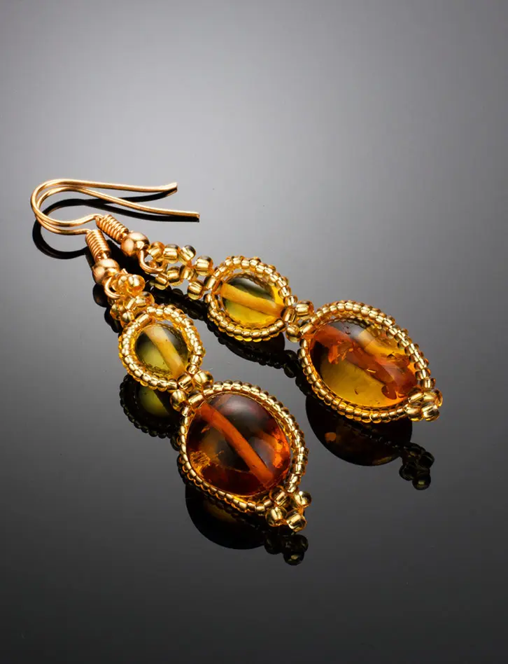 Плетёные серьги из натурального цельного янтаря и бисера Лукоморье - Амберхолл фото 2