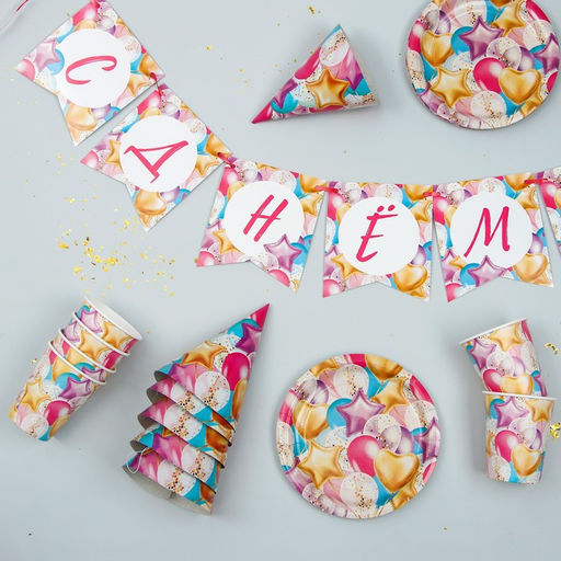 Набор бумажной посуды С днём рождения. Шары, 6 тарелок, 6 стаканов, 6 колпаков, 1 гирлянда - Страна карнавалия фото 2