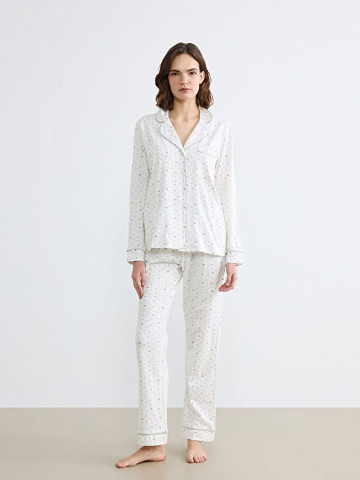 G?mlek Yaka ?i?ekli Kad?n Pijama Tak?m