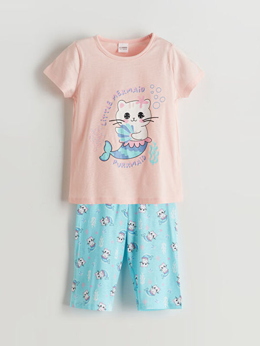 Bask?l? K?z ?ocuk ?ortlu Pijama Tak?m?