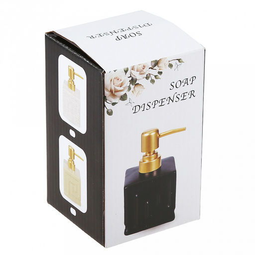 Дозатор для жидкого мыла из полимерного композита "Греция" 350мл, 7,5х7,5х13,5см, фурнитура пластик "под золото", глянцевая глазурь, черный, в коробке (Китай)