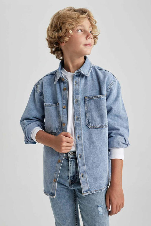 Джинсовая рубашка оверсайз с длинными рукавами для мальчика - Defacto фото 6