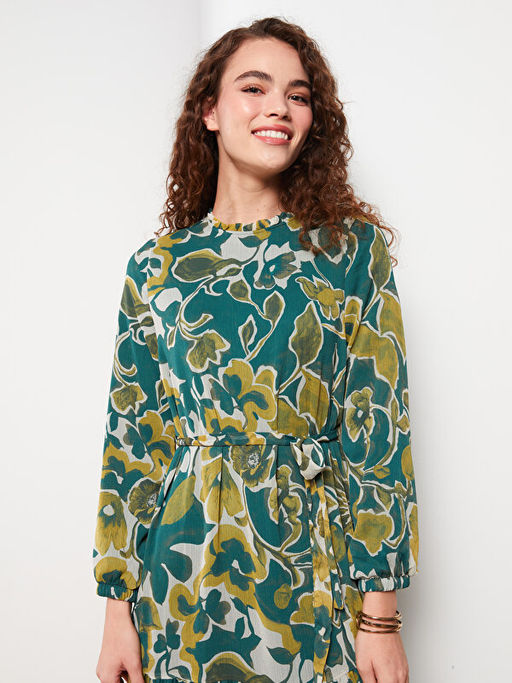 F?rf?rl? Dik Yaka Desenli Uzun Kollu Elbise