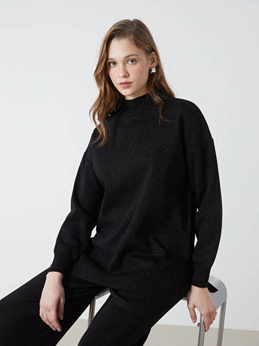 Yar?m Bal?k?? Yaka Parlak G?r?n?ml? Kad?n Triko Tunik