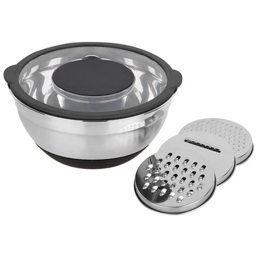 Миска 4,5 л AMARENA из нерж стали с сил антискользящим дном с крышкой-тёркой (3 тёрки в комп) 108660