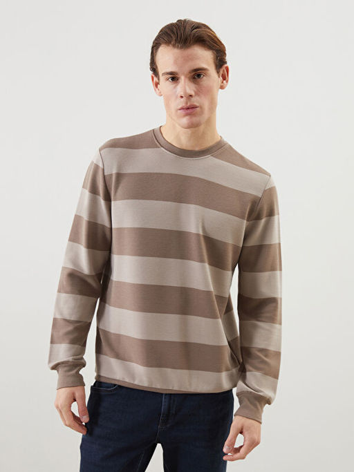 Bisiklet Yaka Uzun Kollu ?izgili Erkek Sweatshirt