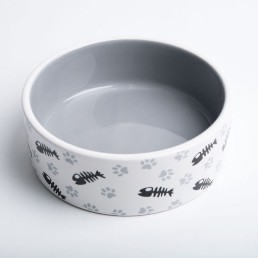 Миска для кошек керамическая Пижон Рыбные косточки и лапки 300 мл, 12.54.5 см, серая  фото 4