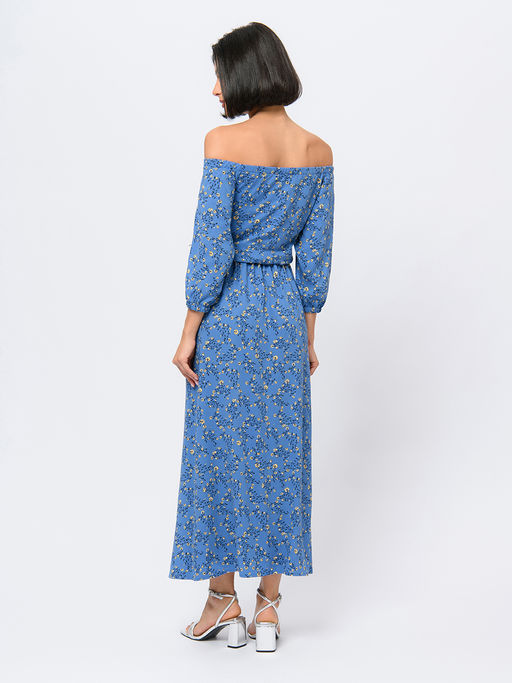 Платье синего цвета длины миди с принтом и пышными рукавами - 1001dress фото 4