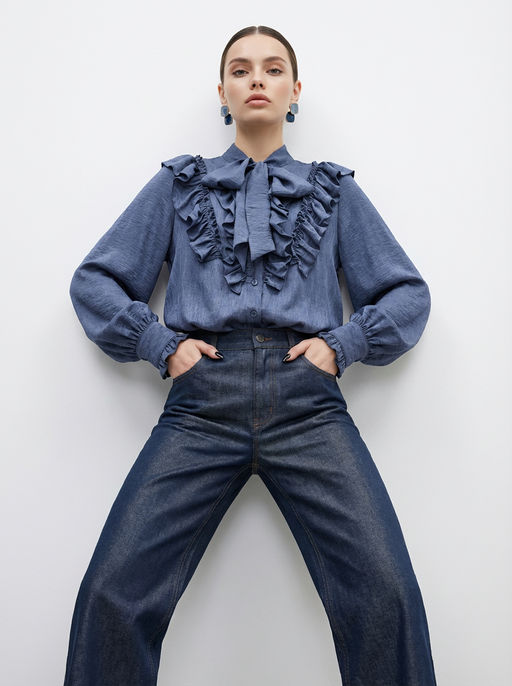 Блузка с рюшами и воротником-завязка OD-988-3 синий