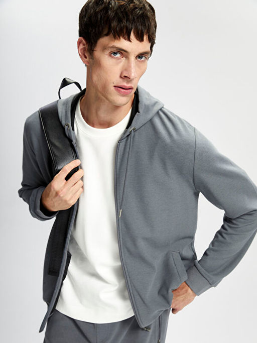 Kap??onlu Uzun Kollu Erkek Fermuarl? Sweatshirt