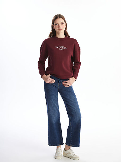 Bisiklet Yaka Bask?l? Oversize Kad?n Kal?n Sweatshirt