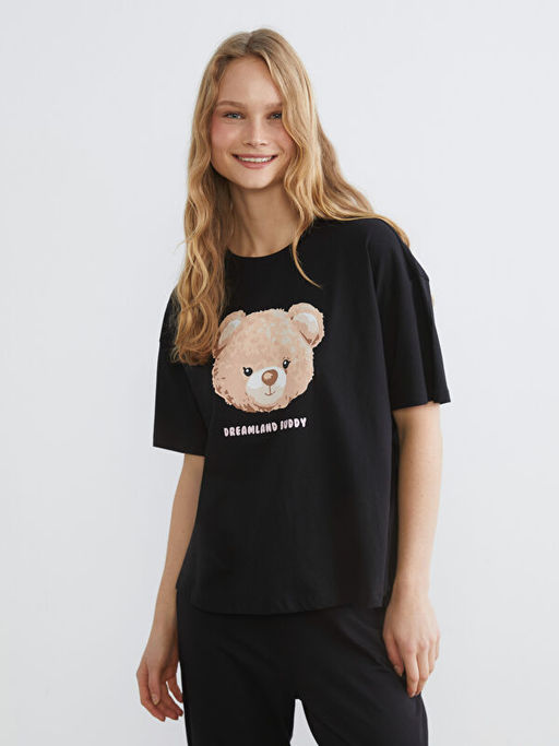 Bisiklet Yaka Ay? Bask?l? Kad?n Pijama Tak?m?