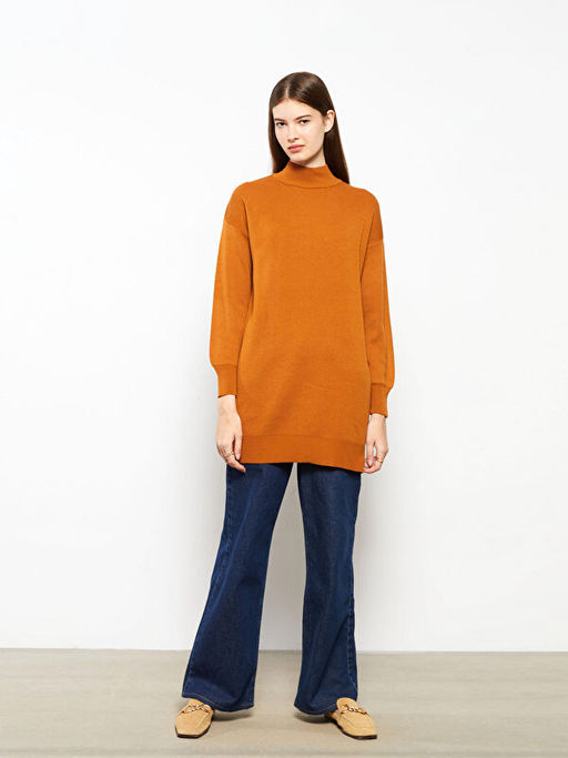 Yar?m Bal?k?? Yaka D?z Uzun Kollu Kad?n Triko Tunik