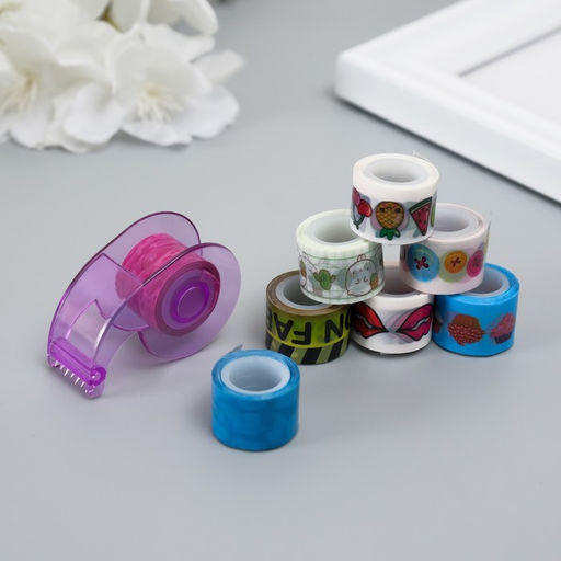 Цена за 2 шт. Клейкая лента декоративная с держателем, набор 8 шт., ш. 1.2 см, дл. 2.8 м, МИКС