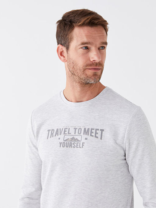 Bisiklet Yaka Uzun Kollu Bask?l? Erkek Sweatshirt