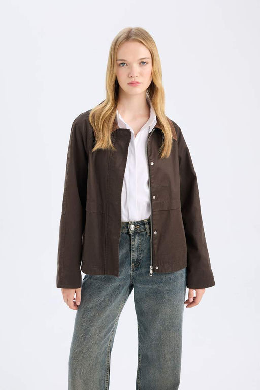 Классический покрой, воротник-поло, карманы на кнопках, вощеная бархатная сезонная тонкая куртка, пальто - Defacto фото 4