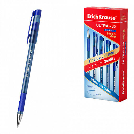 Цена за 12 шт. Ручка шариковая ErichKrause ULTRA-30 Stick&Grip Original 0.7, Super Glide Technology, цвет чернил синий (в коробке по 12 шт.) фото 7