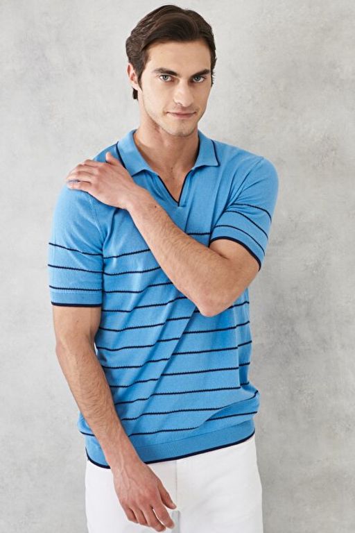 Standart Fit Normal Kesim %100 Pamuk Polo Yaka Mavi-Lacivert Triko Ti__rt 4A4922200201MLI