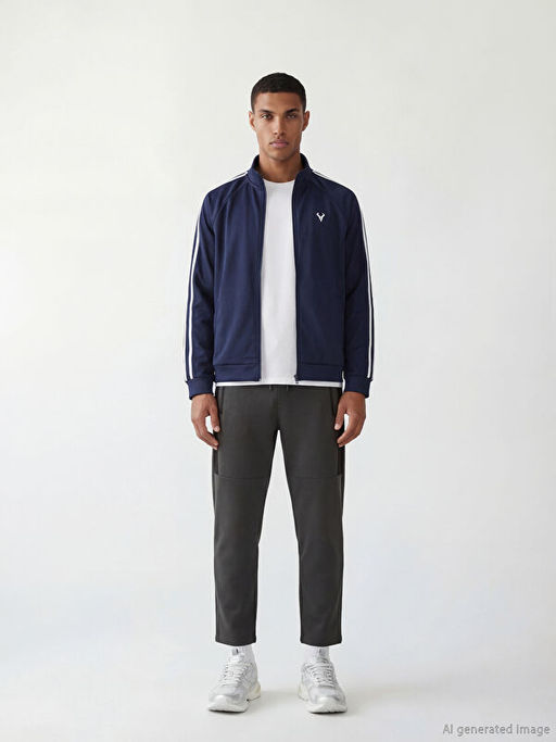 Dik Yaka ?eritli Erkek Fermuarl? Sweatshirt