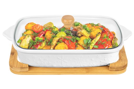 Блюдо д/запекания и сервировки 1,9 л 37*21*12 см Снежинки с стекл крышкой на дер подст.