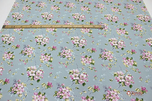 Рогожка Яблоневый цвет на винтажном серо-мятном, ш.1.5м, хлопок-100%, 165гр/м.кв - Купава фото 2