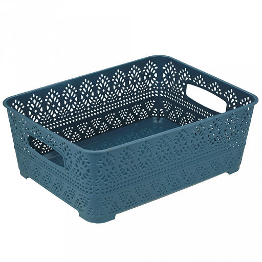 "Домашняя мода" Корзина пластмассовая для хранения "Вышивка" 34х25см h12,5см, матовый пластик, с серой крышкой, с ручками, синий (Китай)