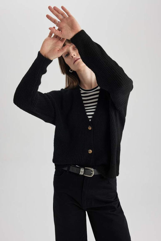 Кардиган из ткани Selanik стандартного кроя с V-образным вырезом - Defacto фото 3