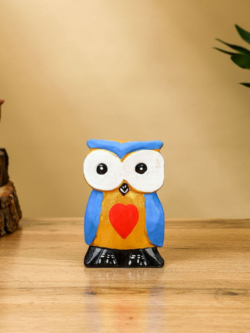 Набор сувенирный Совята с сердечком, h=15 см, h=13 см, h=11 см, дерево, голубой с золотом