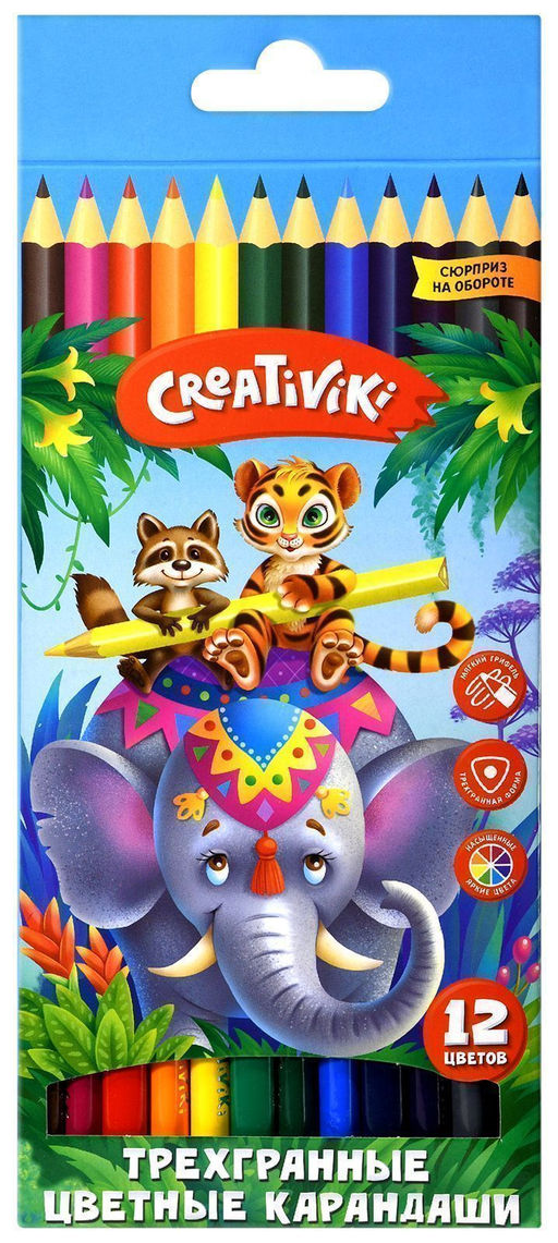 Набор цветных карандашей Creativiki 12 цв. трехгран. корп. дерев. карт.уп.