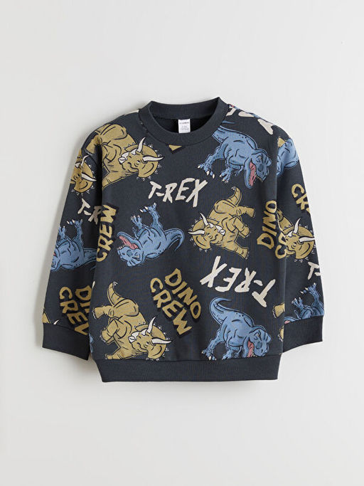 Bisiklet Yaka Bask?l? Uzun Kollu Erkek ?ocuk Sweatshirt ve Pantolon