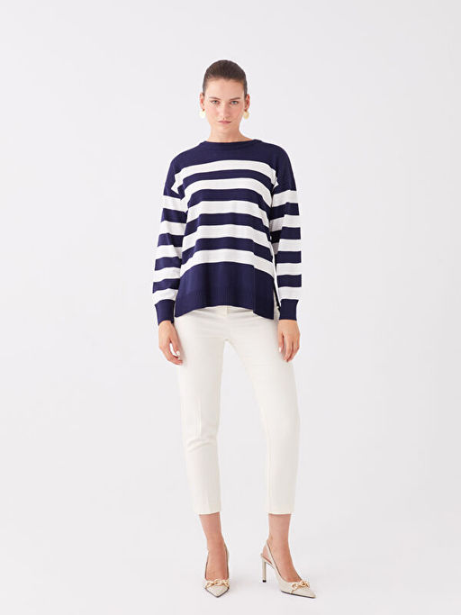 Bisiklet Yaka ?izgili Uzun Kollu Oversize Kad?n Triko Kazak - Waikiki фото 3