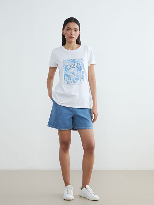 Bisiklet Yaka Bask?l? Kad?n Ti??rt