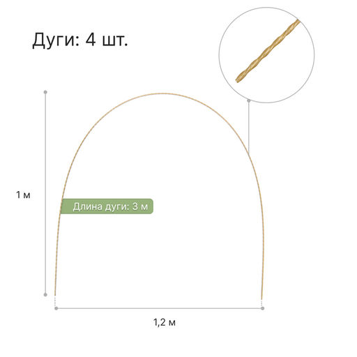 Парник от птиц, длина 4 м: сетка 6 × 2 м, затенение 35%; 4 дуги из стеклопластика, длина дуги 3 м, диаметр дуги 6 мм