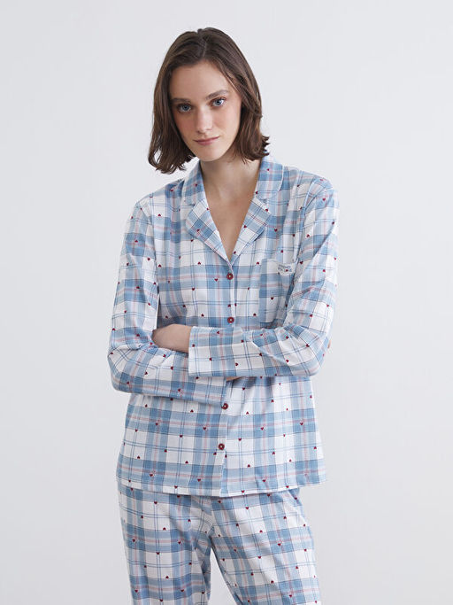 G?mlek Yaka Ekose Kad?n Pijama Tak?m?