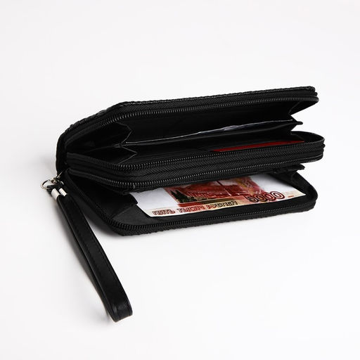 Кошелёк женский на молниях с ремешком, 19×4×9.5 см, текстурный, чёрный