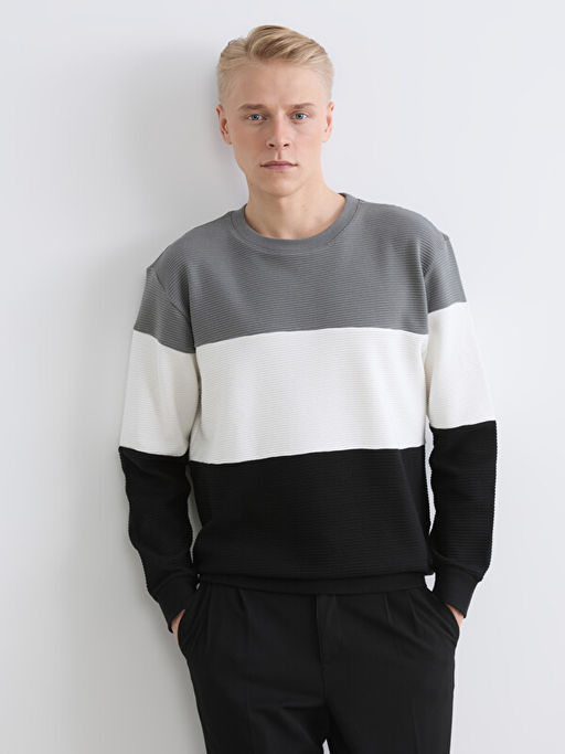 Bisiklet Yaka Renk Bloklu Erkek Sweatshirt
