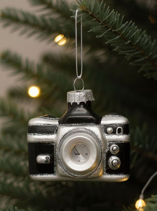Игрушка елочная, 7х5 см, стекло, черно-белая, Фотоаппарат, New year