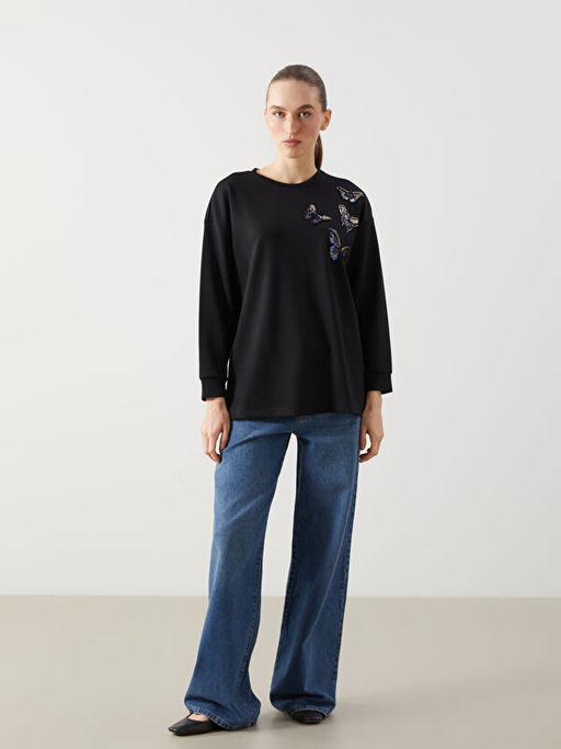 Bisiklet Yaka ??lemeli Oversize Kad?n Sweatshirt Tunik