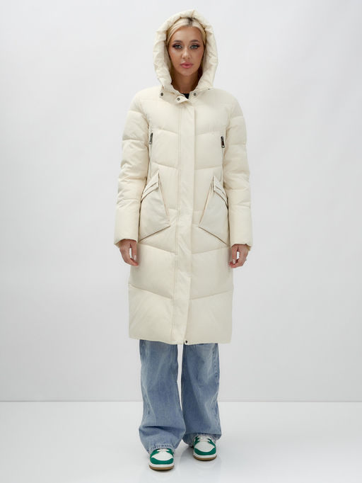Пальто утепленное стеганное зимнее с капюшоном женское бежевого цвета 9639B - Mtforce фото 12