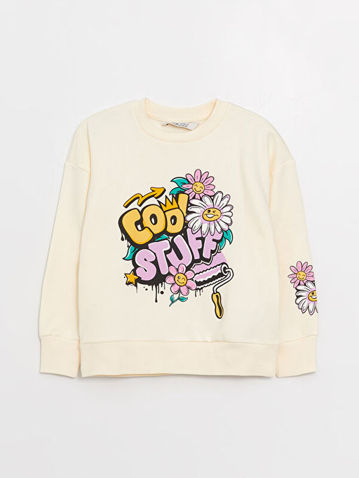 Bisiklet Yaka Bask?l? Uzun Kollu K?z ?ocuk Sweatshirt