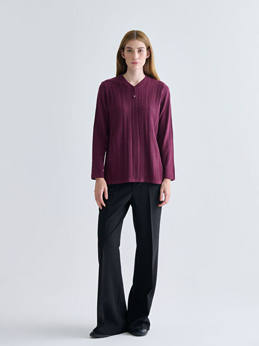 V Yaka Kendinden Desenli Kad?n Triko Kazak