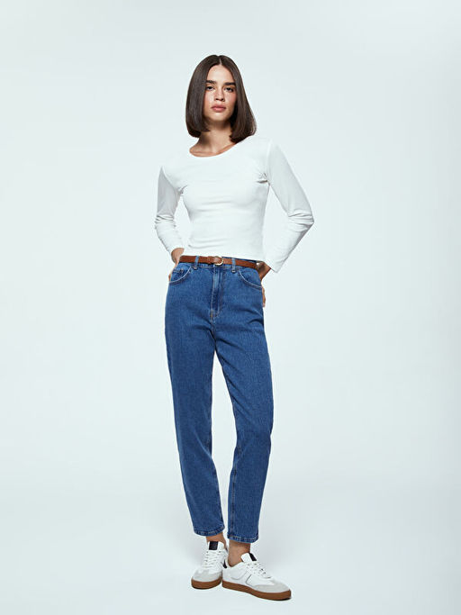 Beli Kemerli Mom Fit Kad?n Jean Pantolon