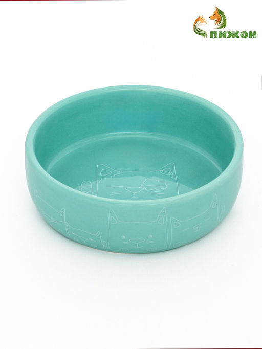 Миска керамическая Семья котов 300 мл - 13.413.44 см, бирюзовая - Пижон фото 2
