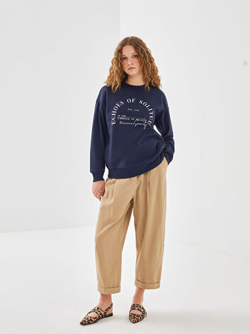 Bisiklet Yaka Bask?l? Kad?n Sweatshirt