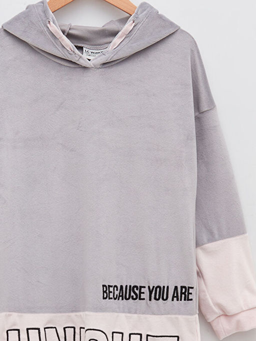 Kap??onlu Bask?l? Uzun Kollu Kadife K?z ?ocuk Elbise - Waikiki фото 3